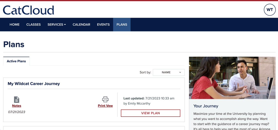 Screenshot of the Plans tab in the student portal CatCloud