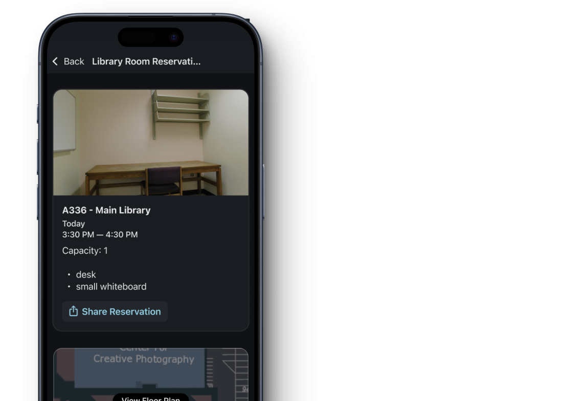 A library room reservation as seen in the U of A app